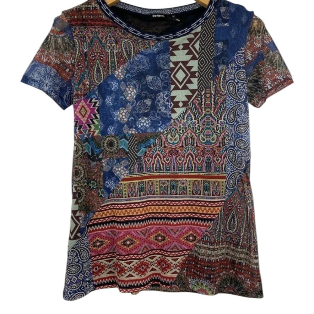 Desigual Women's Sz S Lucia Artisan Patchwork‎ Boho Style Top Tee Artsy